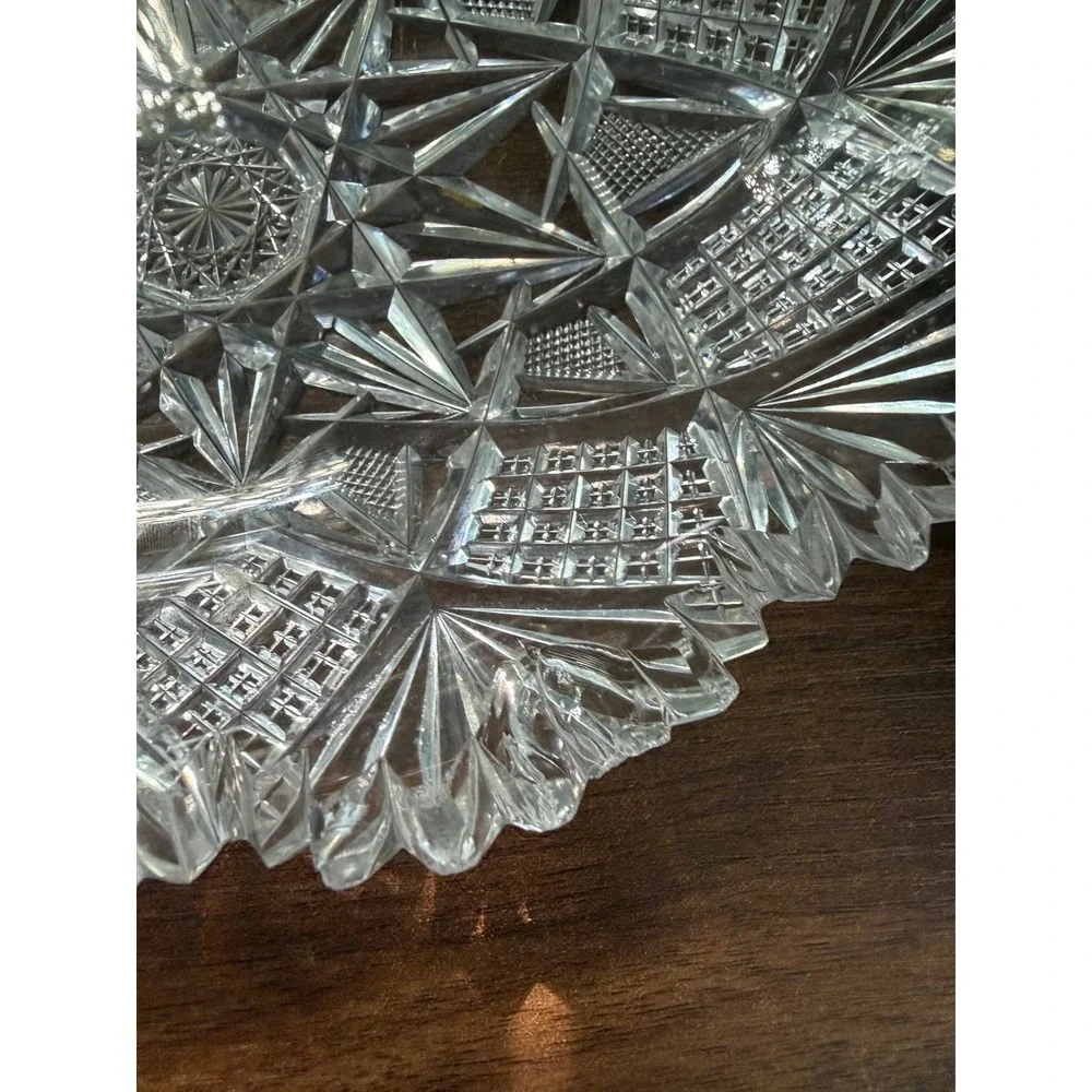 Antique American Brilliant Cut Glass Fan Star Dish, Scalloped Bowl